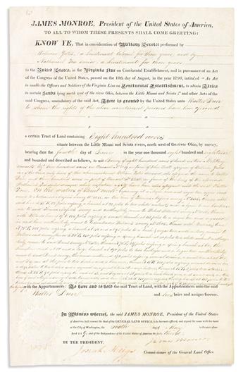 MONROE, JAMES. Two Partly-printed vellum Documents Signed, as President, each a land grant.